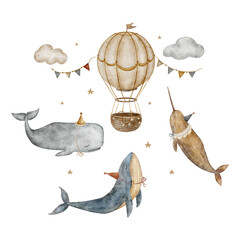 Vintage whales, narwhal and sperm whale flying in sky with air balloon, clouds and stars watercolor...