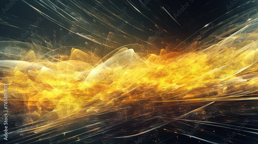Poster Abstract technology burst with glowing wires and particles in motion. Technology and science dynamic background.