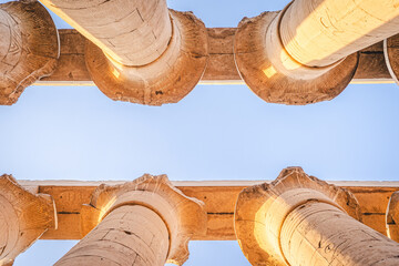 Luxor, Egypt - October 27, 2022. Impressive columns with hieroglyphs seen on the Luxor Temple. - 765816822