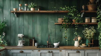 Green Oasis Kitchen: Wall Paneling and Wooden Storage Shelf