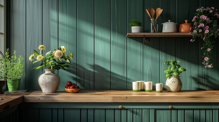 Refreshing Kitchen Design: Green Paneling and Natural Wood Shelf
