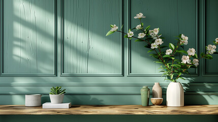 Urban Oasis Kitchen: Green Wall Panels with Wooden Shel - obrazy, fototapety, plakaty
