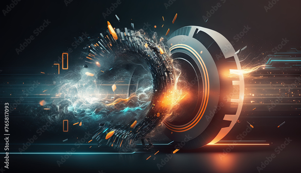 Poster Colorful explosion of sci-fi engine and particles. Technology abstract with scientific device blast.