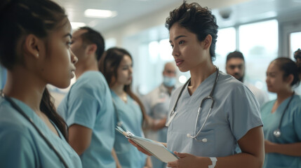Focused medical professionals are engaged in a discussion with a clipboard in hand. - obrazy, fototapety, plakaty