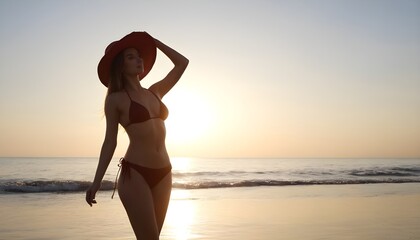 Fototapeta na wymiar beautiful woman in a swimwear hat standing on the beach