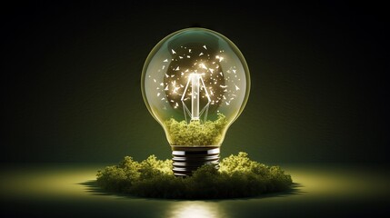 A light bulb among green grass and flowers emphasizes the idea of greening and clean energy.
Concept: energy saving and inspiring projects to improve the environment