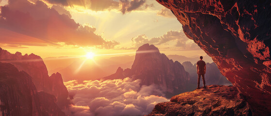A man stands on the edge of an ancient cave, gazing out at the sunrise over clouds and mountains - Powered by Adobe