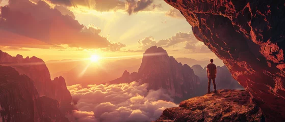 Foto op Canvas A man stands on the edge of an ancient cave, gazing out at the sunrise over clouds and mountains © Kien