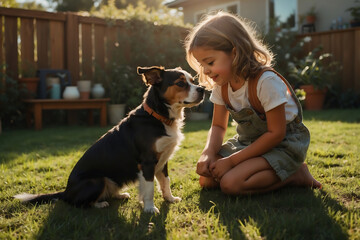 Kindliche Unschuld und treue Freundschaft: Mädchen mit Hund in einem Blumenfeld bei Sonnenuntergang - obrazy, fototapety, plakaty
