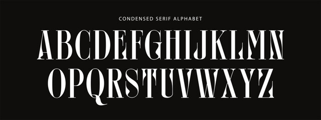Vector Set Of Uppercase Letters. Latin Elegant Condensed Serif Alphabet With Curve Elements. Typography Modern Narrow Font.