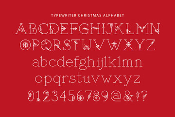 Vector Set Of Uppercase, Lowercase and Numbers. Thin Line Typewriter Letters Decorated With Christmas Patterns. For Logo Design, Greeting New Year Cards. - 765818092