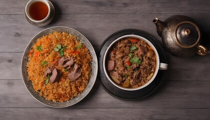 pilaf with meat on the table in oriental style