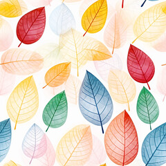 Obraz premium Many leaf colored leaves in a pattern on white, in the style of translucent geometries, textured backgrounds сreated with Generative Ai