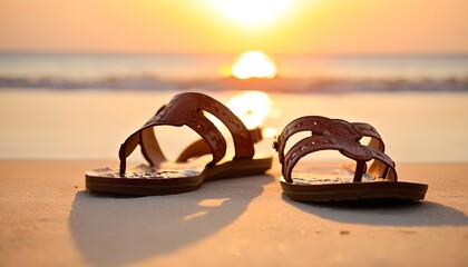 sandals on the beach have sunset - obrazy, fototapety, plakaty