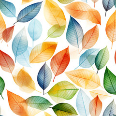 Fototapeta na wymiar Many leaf colored leaves in a pattern on white, in the style of translucent geometries, textured backgrounds сreated with Generative Ai
