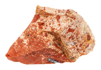 close up of sample of natural stone from geological collection - unpolished red jasper mineral isolated on white background
