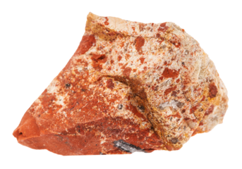 close up of sample of natural stone from geological collection - unpolished red jasper mineral isolated on white background