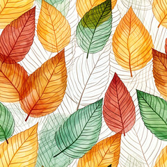 Obraz premium Many leaf colored leaves in a pattern on white, in the style of translucent geometries, textured backgrounds сreated with Generative Ai