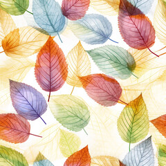 Obraz premium Many leaf colored leaves in a pattern on white, in the style of translucent geometries, textured backgrounds сreated with Generative Ai