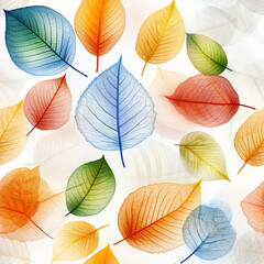 Obraz premium Many leaf colored leaves in a pattern on white, in the style of translucent geometries, textured backgrounds сreated with Generative Ai