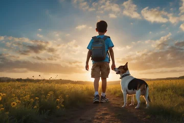 Foto op Plexiglas Abenteuer in der Dämmerung: Junge und sein Hund auf dem Feldweg im Sonnenuntergang © KraPhoto
