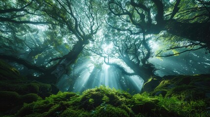 Sunlight filters through the canopy in a lush, green forest, casting beams of light.