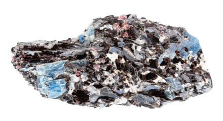 close up of sample of natural stone from geological collection - raw blue kyanite in biotite rock isolated on white background from Karelia, Khit Island