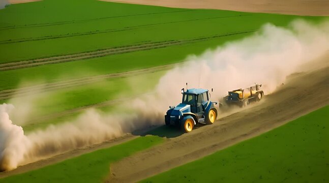 Springtime Crop Care: Aerial Video of Tractor Spraying Soil and Young Crop with Pesticides in Lush Field
