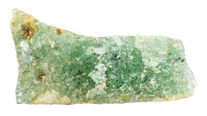 close up of sample of natural stone from geological collection - raw green aventurine rock isolated on white background