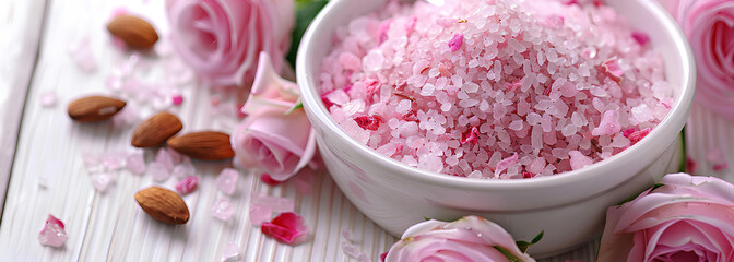 Fototapeta na wymiar moisturizing salt scrub with pink flecks and roses and almonds on white wooden table