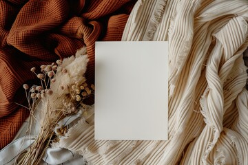 Elegant invitation mockup with a neutral palette and textured fabrics backdrop. Ratio 5x7