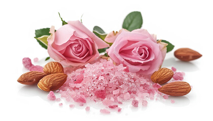 moisturizing salt scrub with pink flecks and roses and almonds on white background
