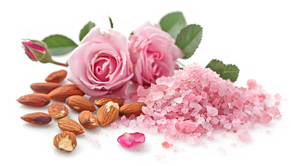 Fototapeta na wymiar moisturizing salt scrub with pink flecks and roses and almonds on white background