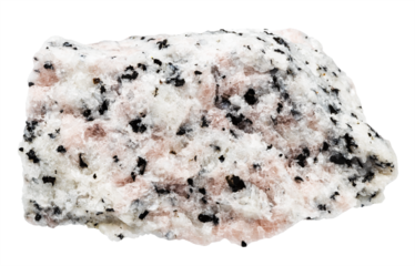 close up of sample of natural stone from geological collection - raw miaskite with pink cancrinite mineral isolated on white background from Southern Urals