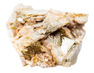 close up of sample of natural stone from geological collection - raw albite mineral with muscovite isolated on white background from North Karelia