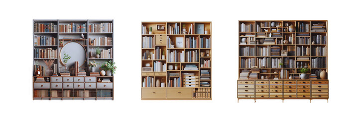 Set of bookshelf, illustration, isolated over on transparent white background