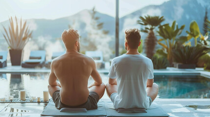 A photo of businessmen attending a wellness retreat or spa day, prioritizing self-care and rejuvenation for their overall well-being live and enjoy, create and create, goals and ov - obrazy, fototapety, plakaty