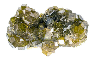 close up of sample of natural stone from geological collection - raw cluster of green andradite...