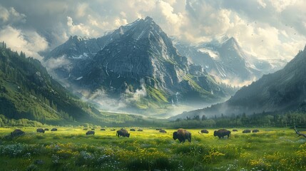 A serene valley with grazing bison, surrounded by towering snow-capped peaks and a meadow dotted with yellow flowers. - obrazy, fototapety, plakaty