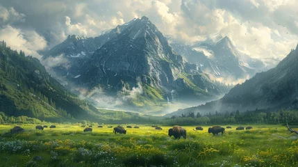 Selbstklebende Fototapeten A serene valley with grazing bison, surrounded by towering snow-capped peaks and a meadow dotted with yellow flowers. © Jonas