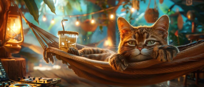 Artistic image of a content cat lying in a hammock with a drink, surrounded by tropical decor and warm lights.