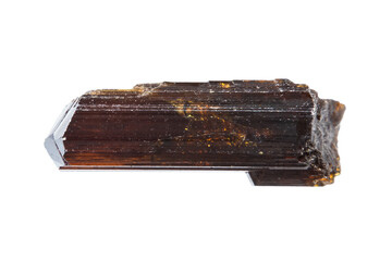 close up of sample of natural stone from geological collection - unpolished rutile crystal isolated on white background from Brazil