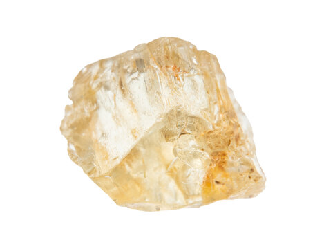 close up of sample of natural stone from geological collection - rough yellow scapolite crystal isolated on white background from Tajikistan