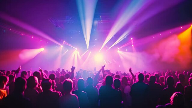 Concert crowd in front of a bright stage with lights and smoke, Concert crowd in front of bright stage lights - 3D render, AI Generated