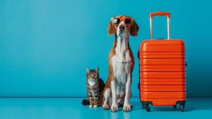 Funny dog and cat with sunglasses sitting at suitcase going to travel on blue isolated background. Summer Travel weekends life with pets, animals concept. wanderlust people traveling the world. - obrazy, fototapety, plakaty