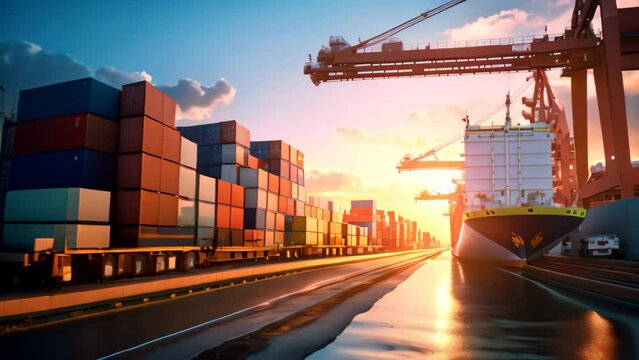 Container Cargo freight ship with working crane , Container Cargo freight ship with working crane bridge in the sea for Logistic Import Export background, AI Generated