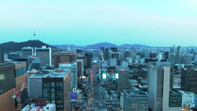 Drone View of Seoul city in South Korea, Jongno, Gyeongbokgung Palace, Winter