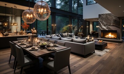 Contemporary living room with open concept view through to dining room kitchen and a marble fireplace with gas fire
