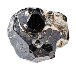 close up of sample of natural stone from geological collection - uncut black spinel crystal on...