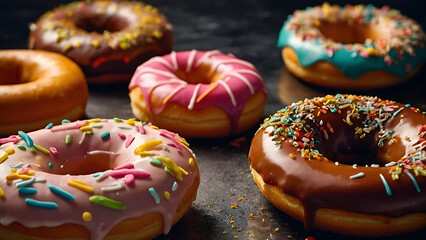 donuts on table, colorful decorated donuts